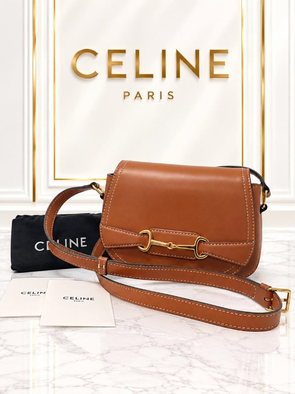 Authentic Celine Les Grands Classiques Tan Leather Horsebit Crossbody Bag